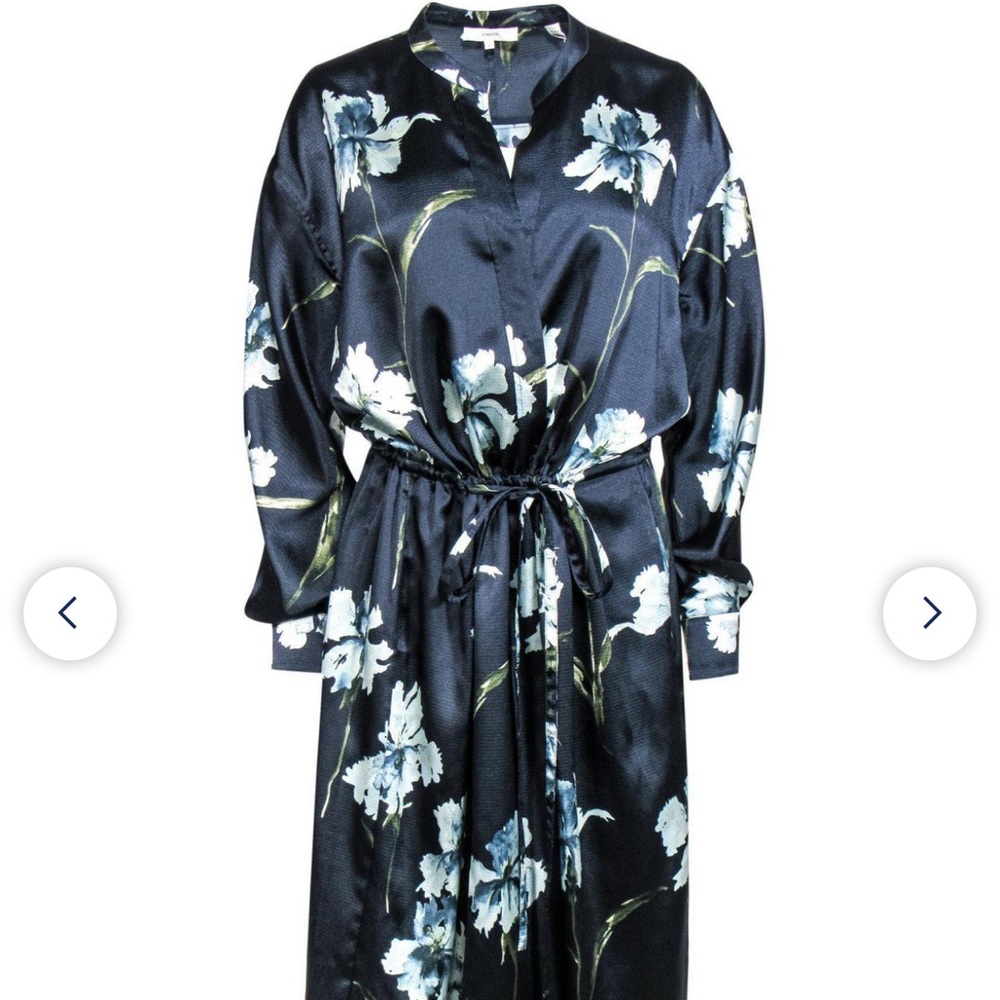 Vince - Navy Blue Floral Print Shift Midi Dress